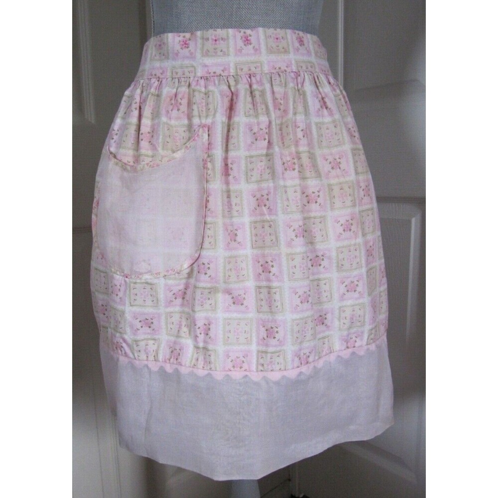 Pretty Vintage Green Pink Floral  Reversable Half Apron Perfect Barbie Core